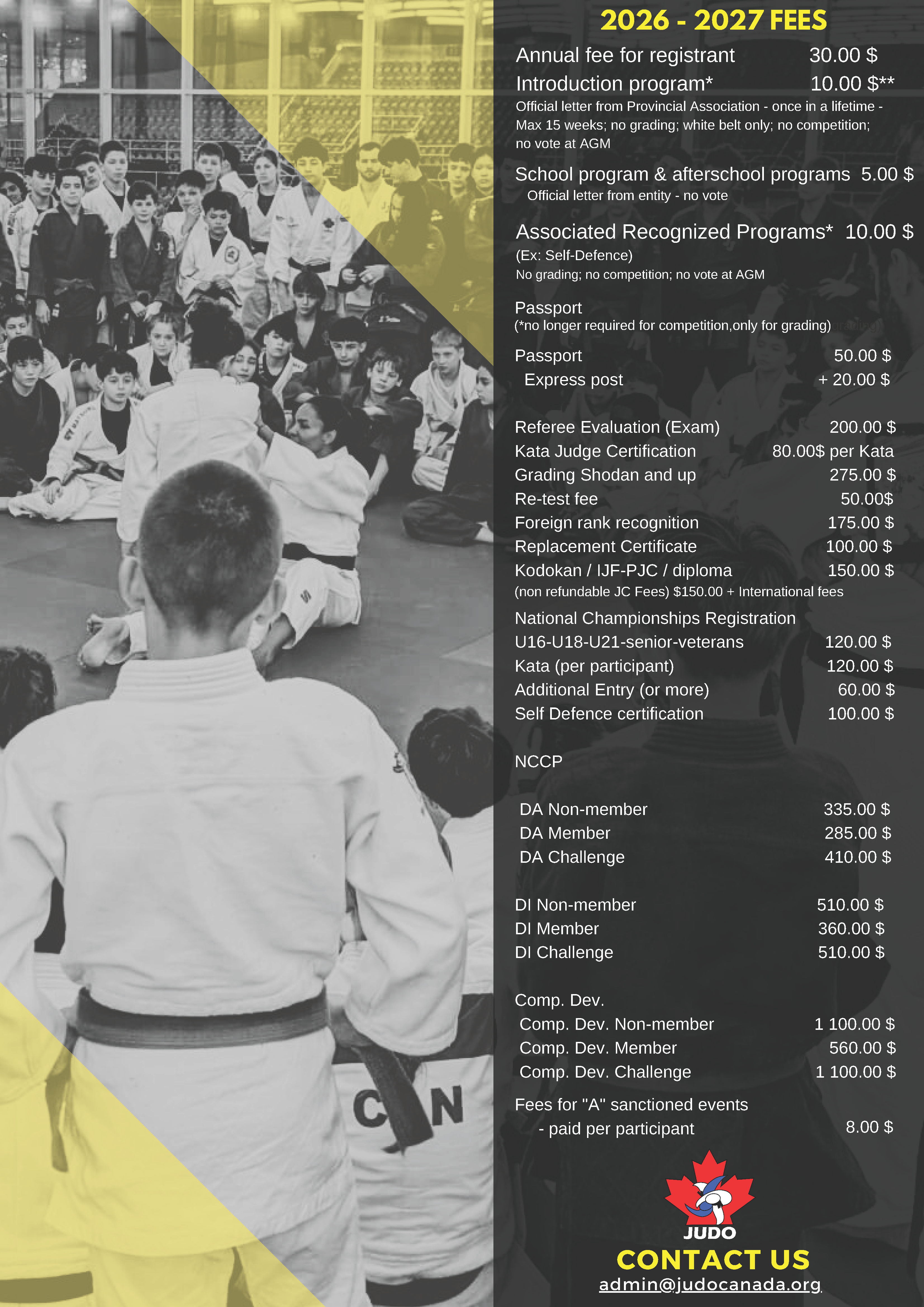 Judo Canada Fee Schedule for 2026 to 2027 season.